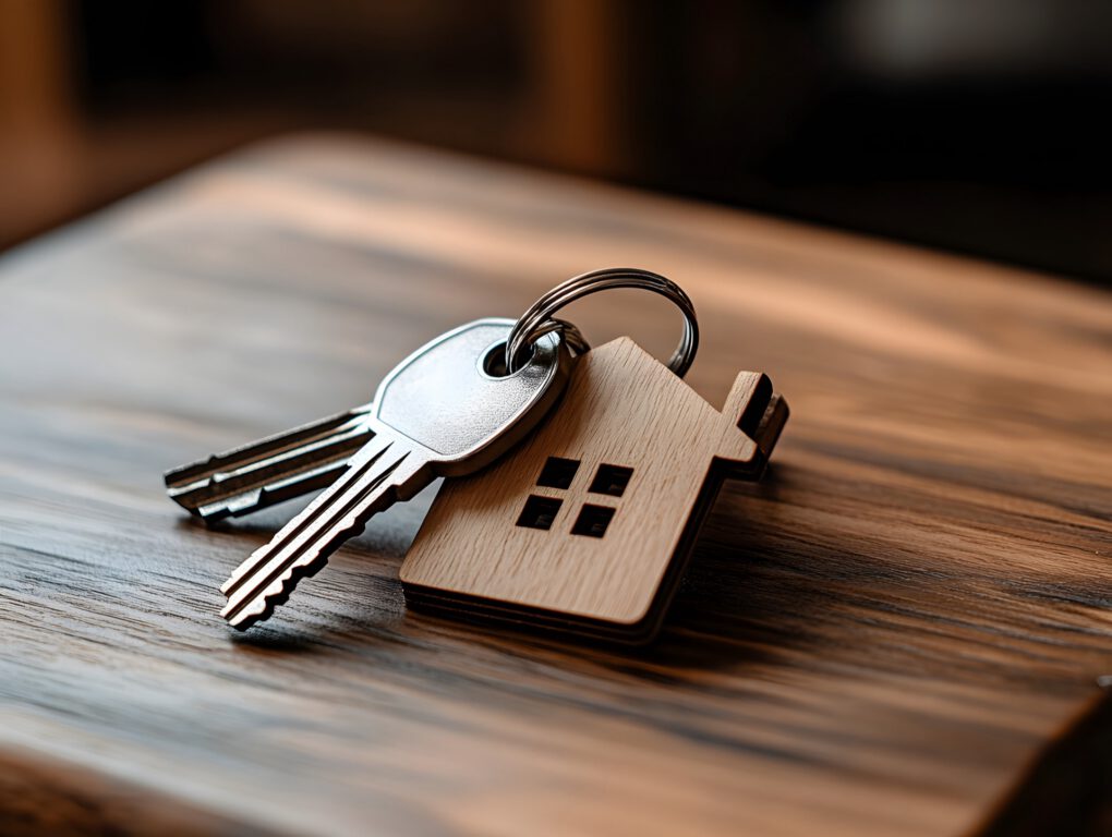 Clés de maison avec porte-clés en bois en forme de maison