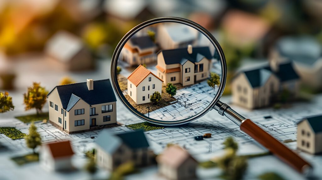 Une loupe agrandit des modèles de maisons miniatures détaillés sur un plan architectural, montrant des plans de développement immobilier